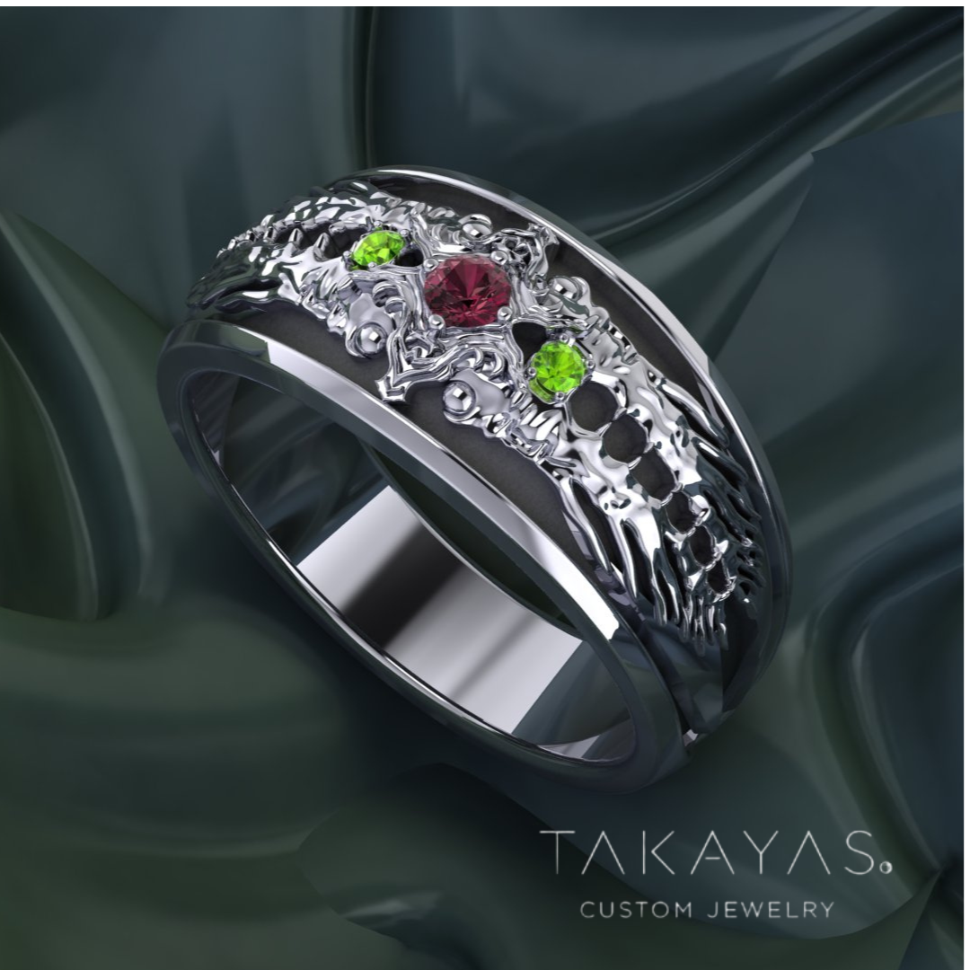 Custom Platinum Wedding Band | Sparda Sword Inspired Design with Garnet and Peridot