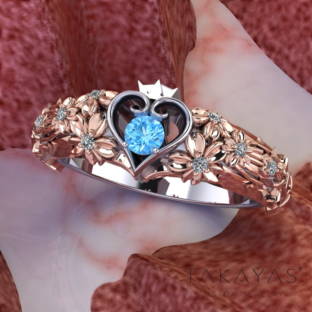 Aquamarine and Cherry Blossom Custom Ring Inspired by Fantasy Worlds and Beloved Stories
