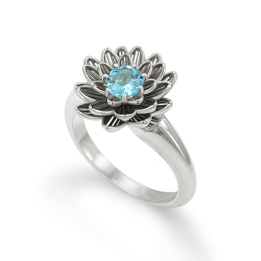 Dahlia and Blue Topaz Floral Engagement Ring