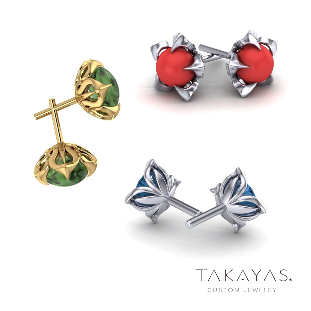 Three Pairs of Blooming Flower Earrings – Of Coral, Benitoite, and Jade