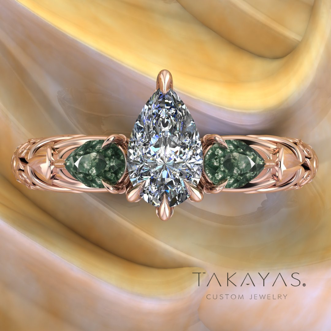 Three Stone Moss Agate Anniversary Ring in Rose Gold | Designed by Takayas
