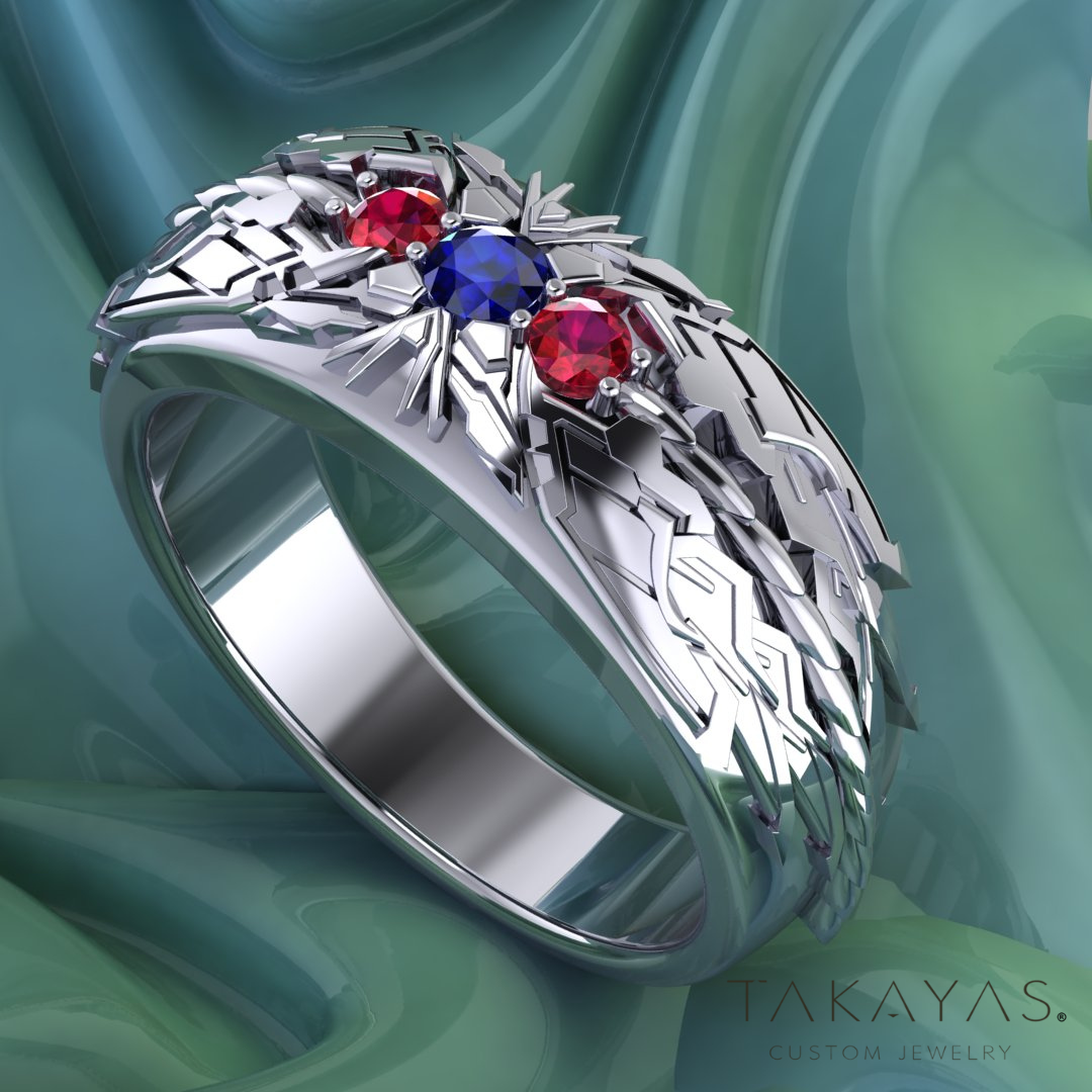 Gundam Inspired Wedding Band with Lab Grown Blue Sapphire and Ruby