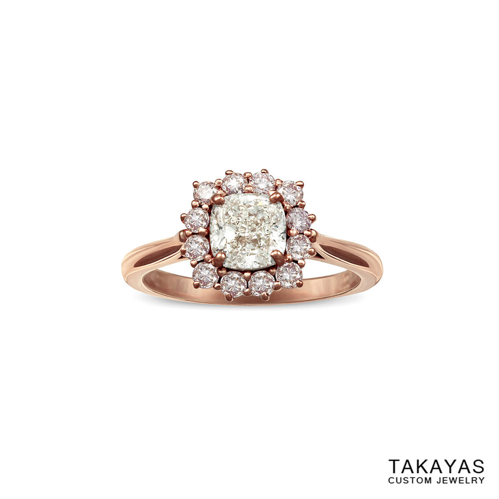 cushion cut diamond ring with natural pink diamond halo by Takayas Custom Jewelry