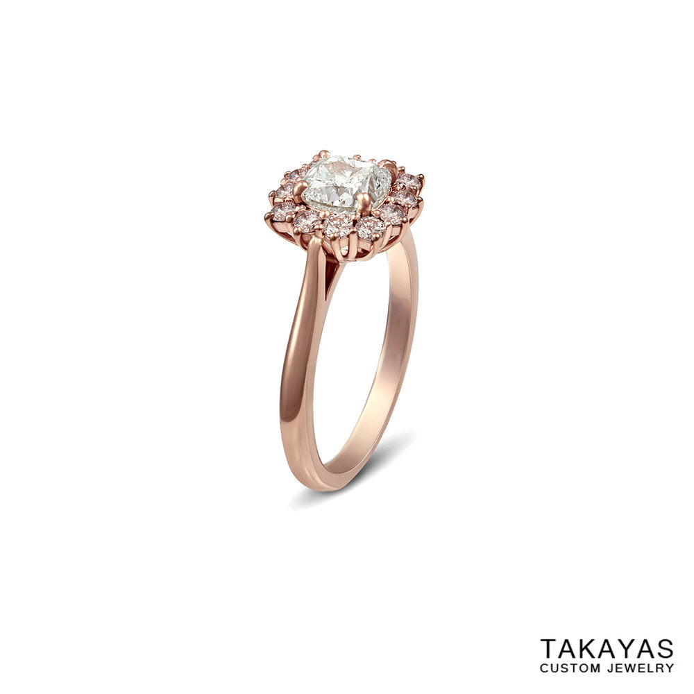 Takayas Custom Jewelry cushion cut diamond ring with natural pink diamond accents